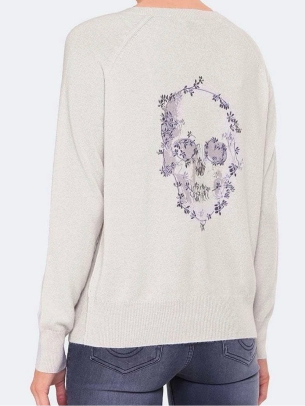Skull Cashmere Cream Scoopneck Sweater with Navy Floral Skull